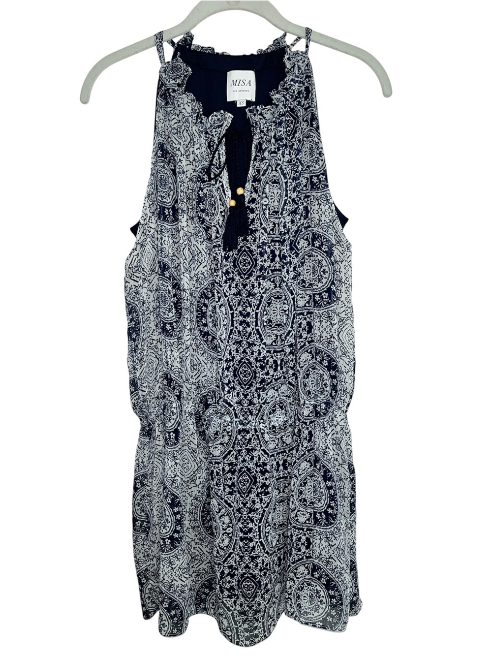 MISA Los Angeles Paisley Tassel Tie Sleeveless Halter Mini Dress Navy White XS